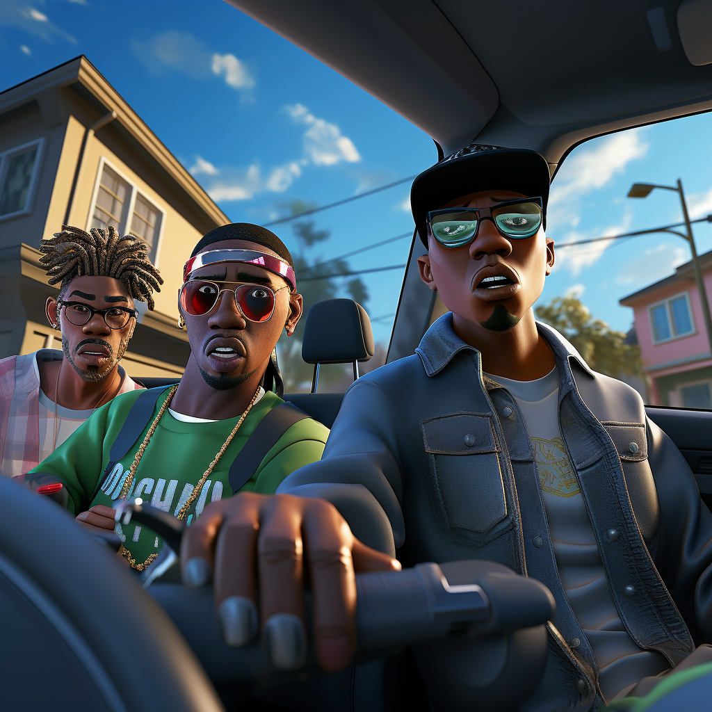 Cartoon black rappers driving in dangerous neighborhood