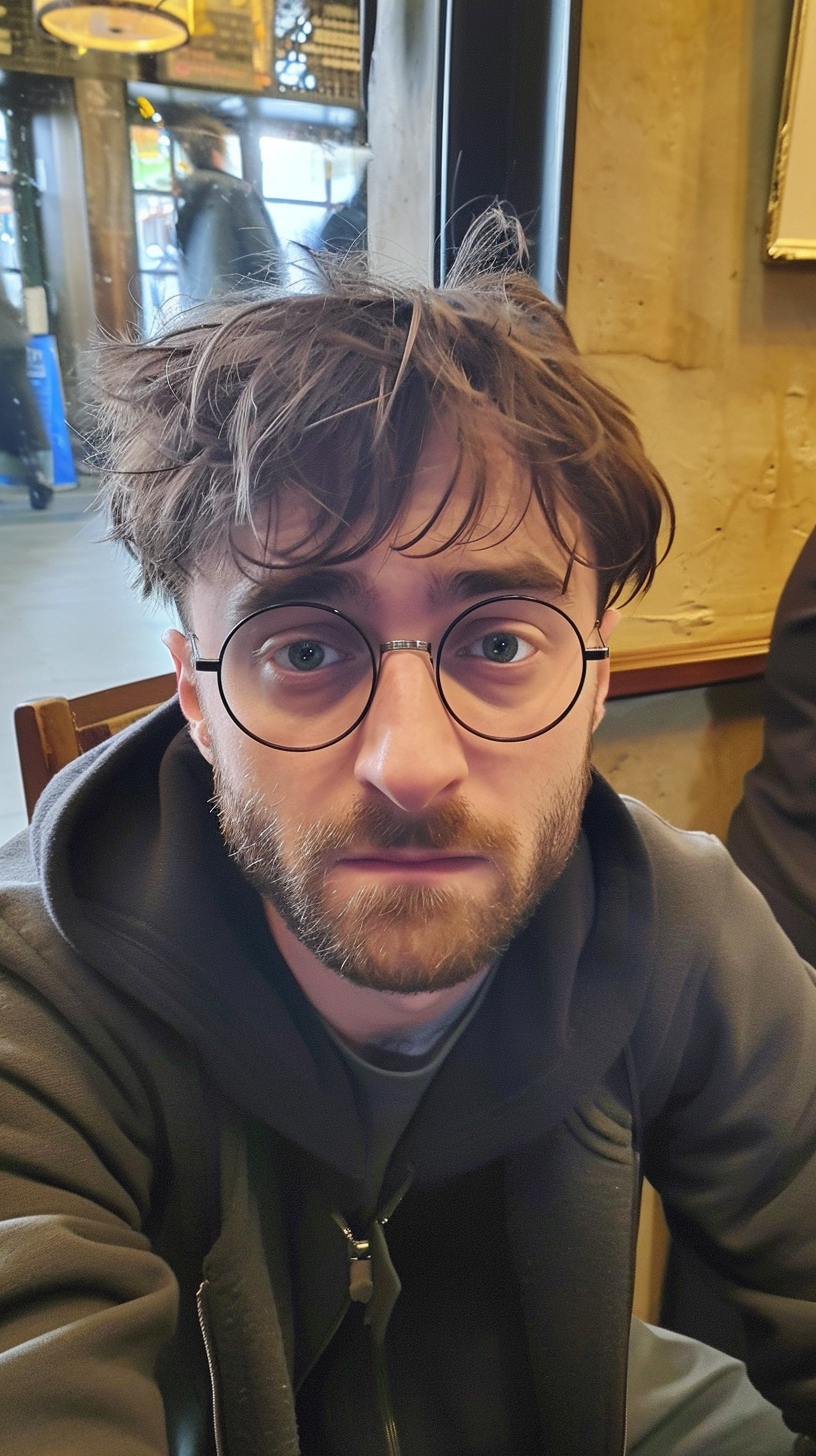 Daniel Radcliffe as Harry Potter in a cafe