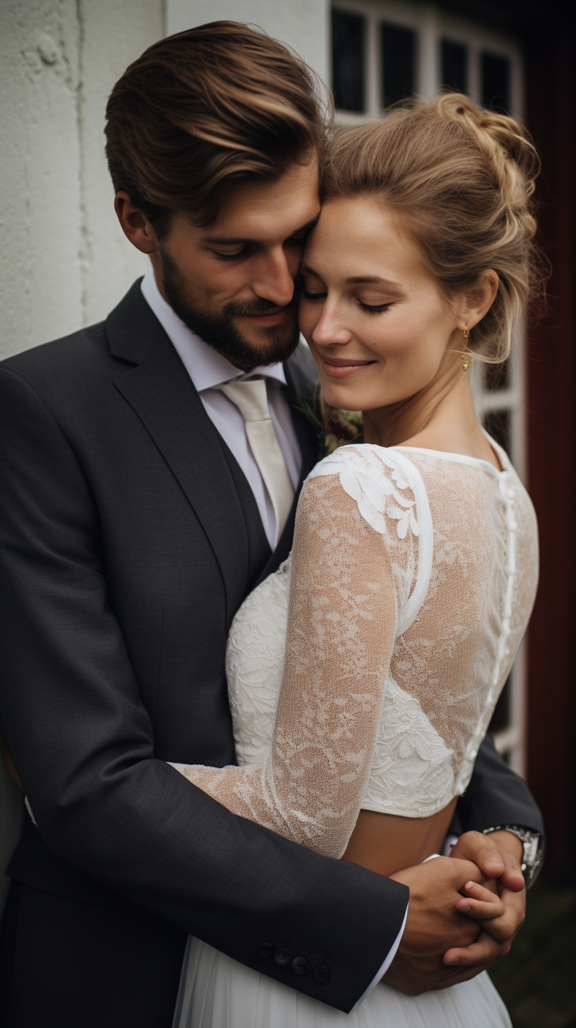 Danish bride and groom embracing romantically