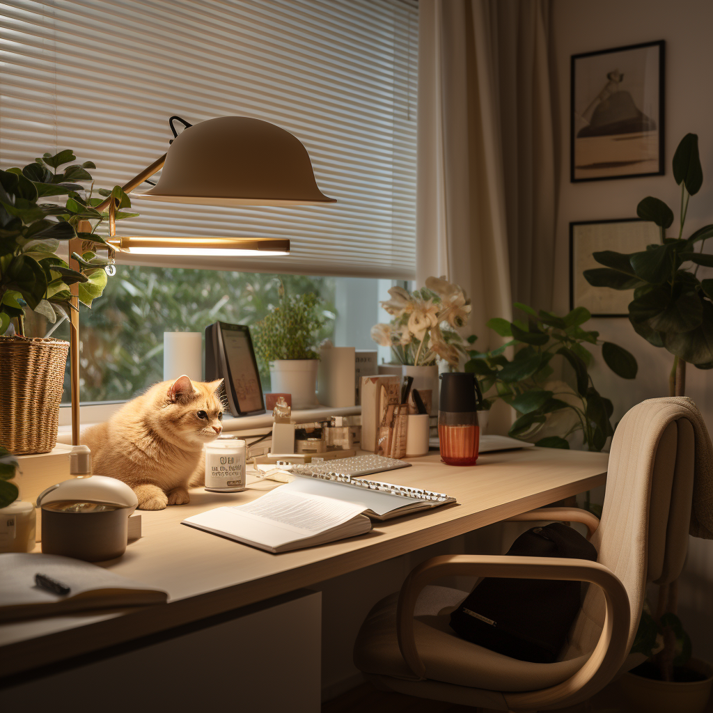 Minimalist Danish designer desk with sunray blinds and lighting