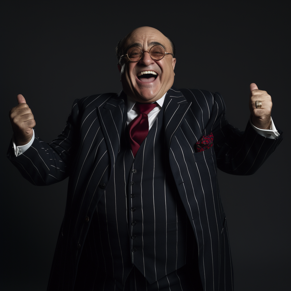 Likable Danny DeVito in pinstripe suit