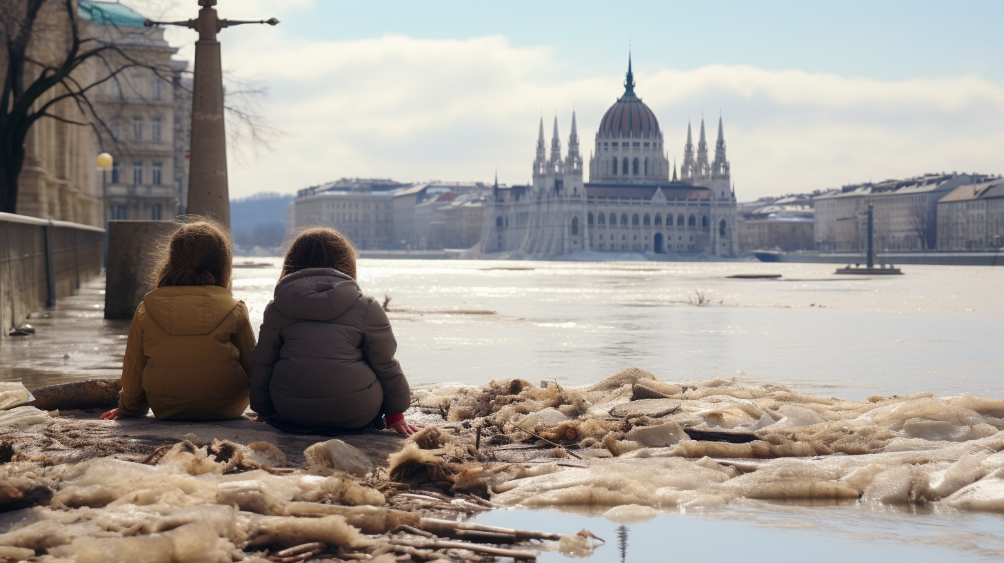 Flooded Budapest with People and Children