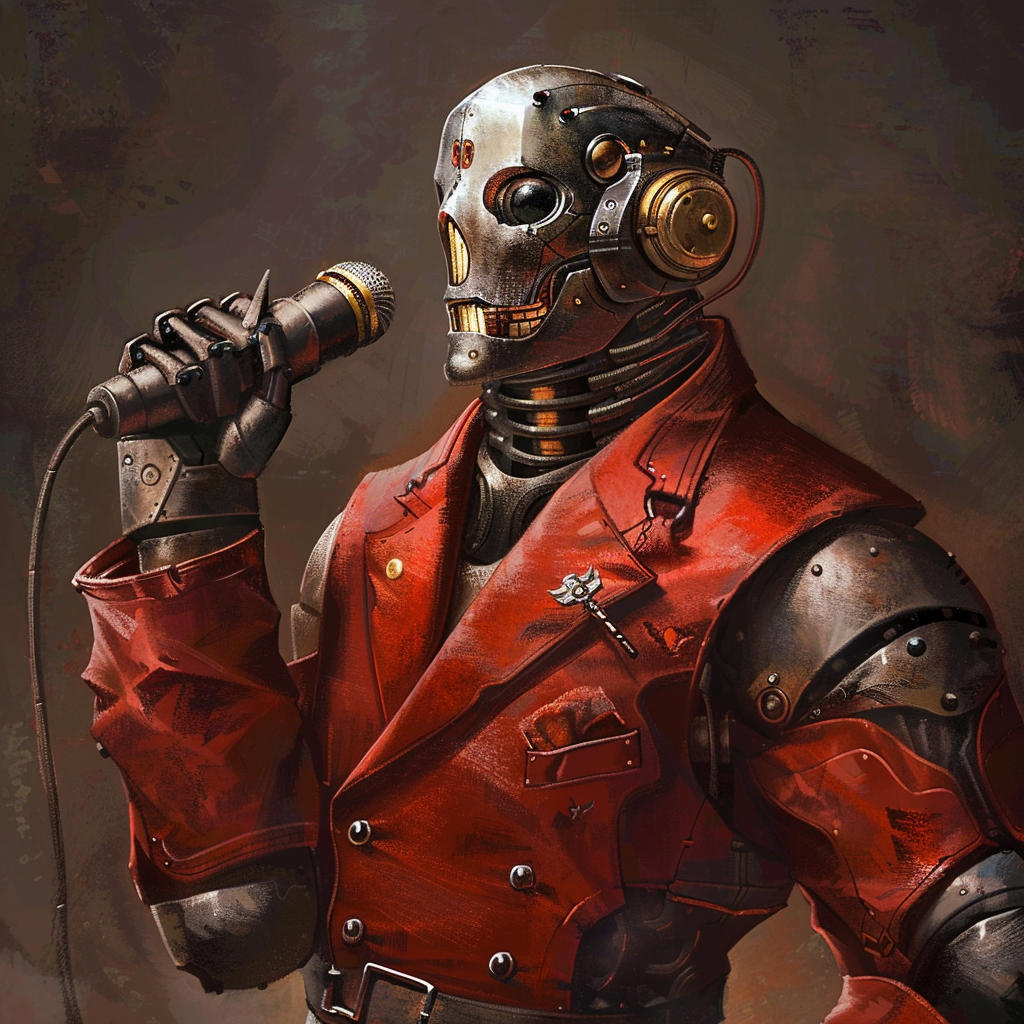 Warforged in red suit with mic