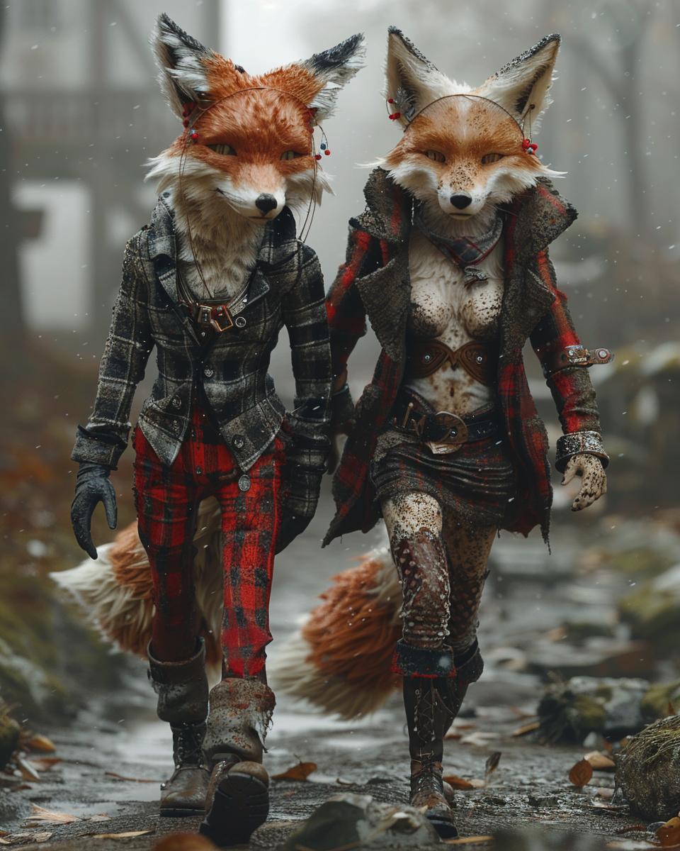 White and Red Foxes Walking