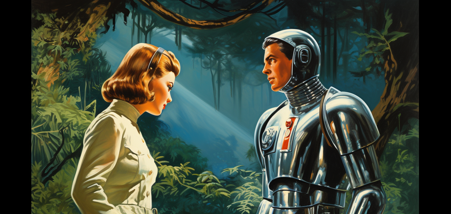 Daring space hero and bronze robot in futuristic jungle