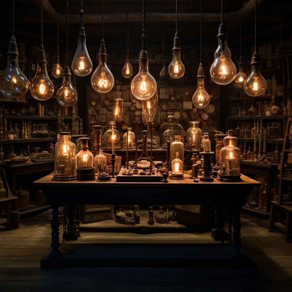 Antique lightbulbs in a dark laboratory