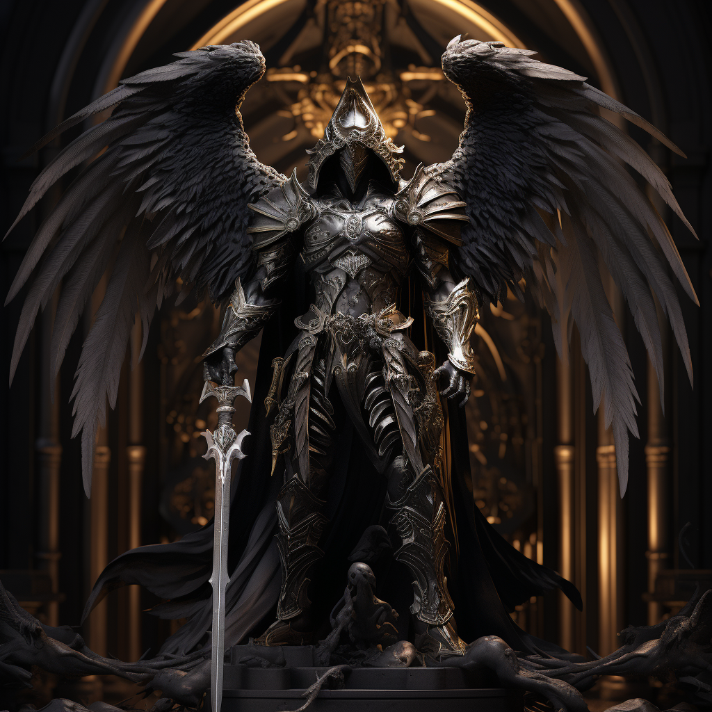 Dark angel knight statue protecting temple entrance