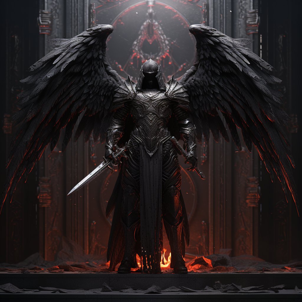 Dark angel knight protecting temple entrance