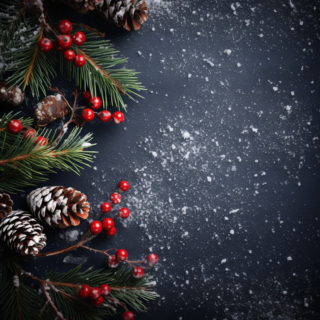 Red Berries and Pine on Dark Background