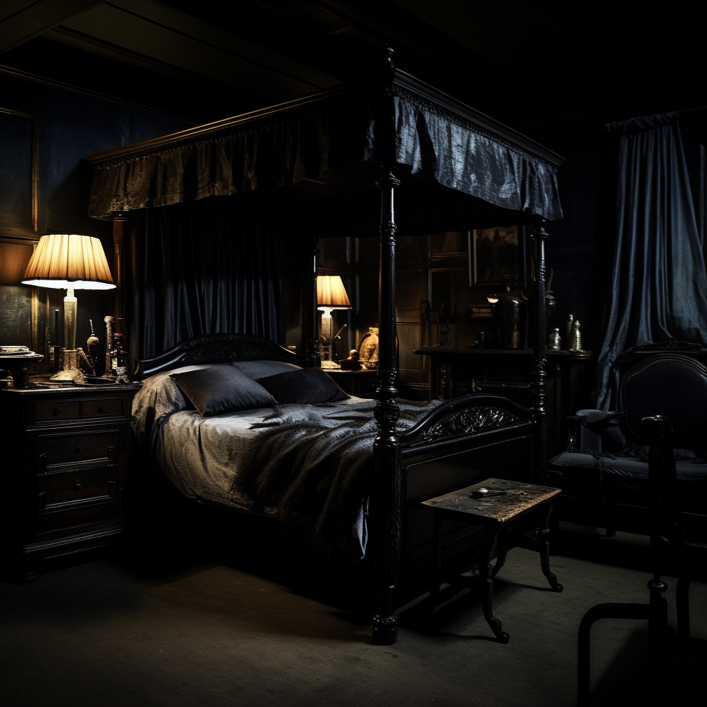 Agents in Dark Bedroom with Four-Poster Bed