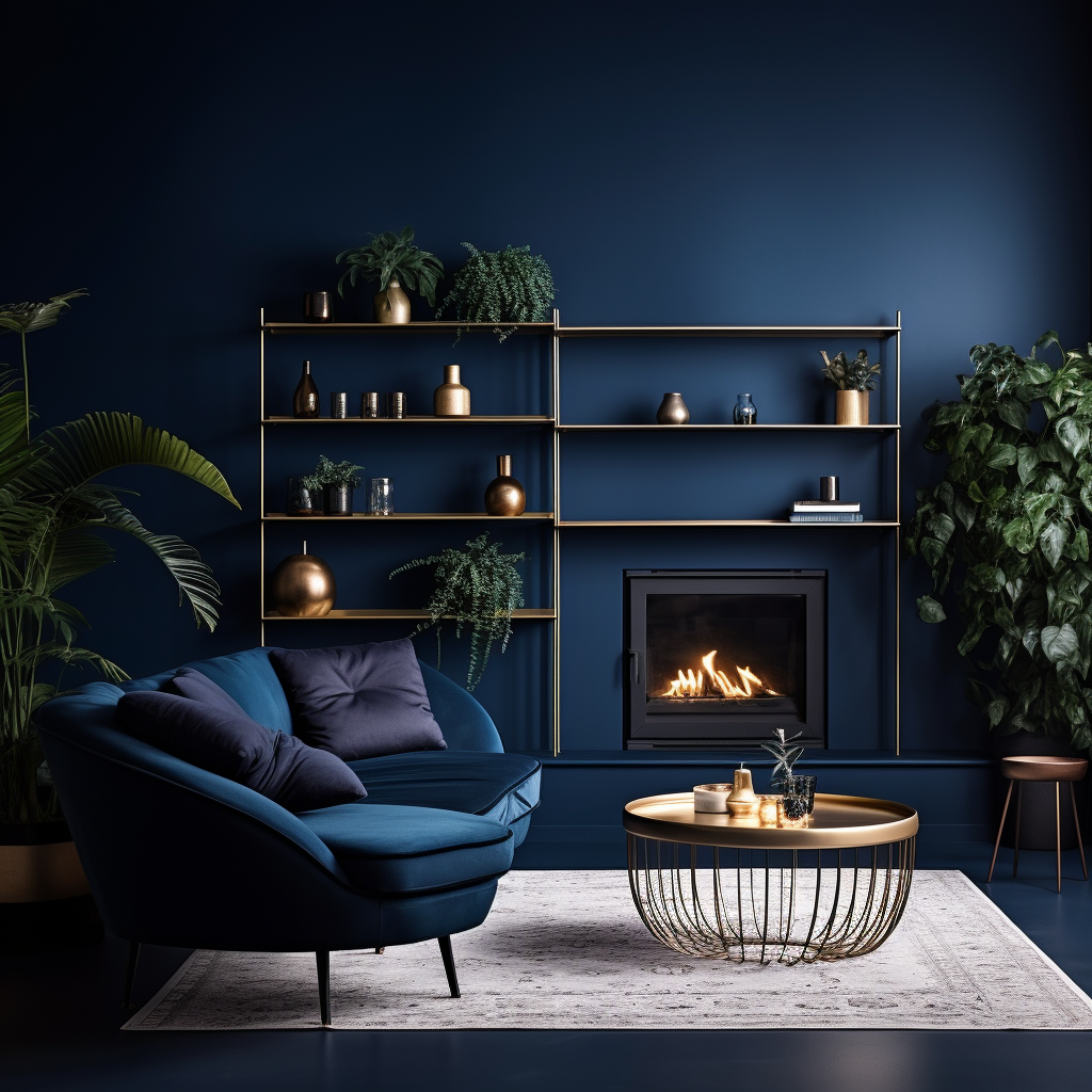 Stylish living room with dark blue accents