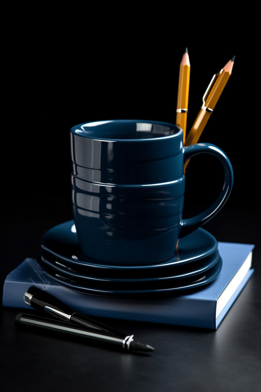 Dark Blue Stationary Set of Notebooks and Pens in Coffee Mug