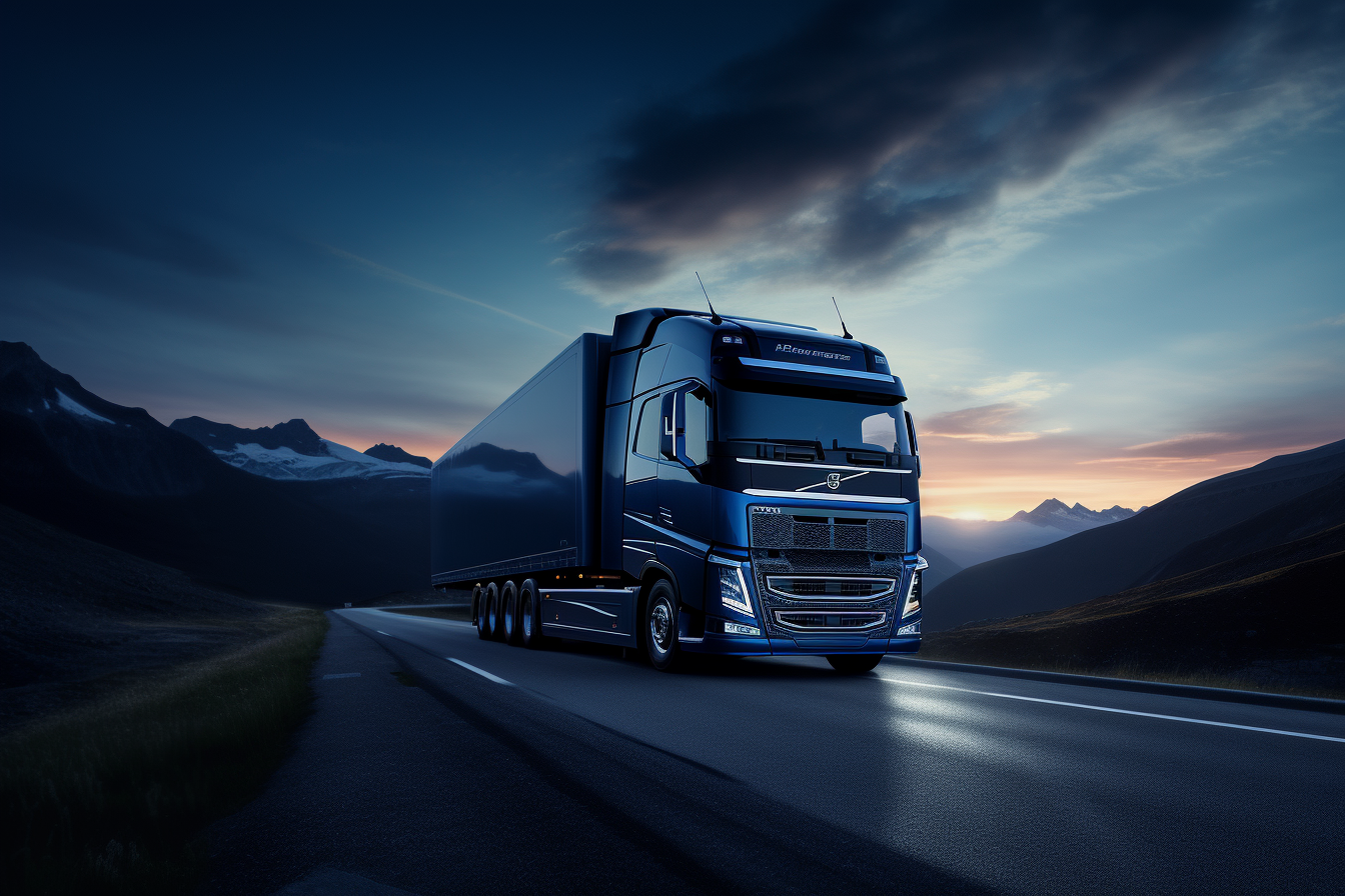 Dark blue Volvo truck on blue road