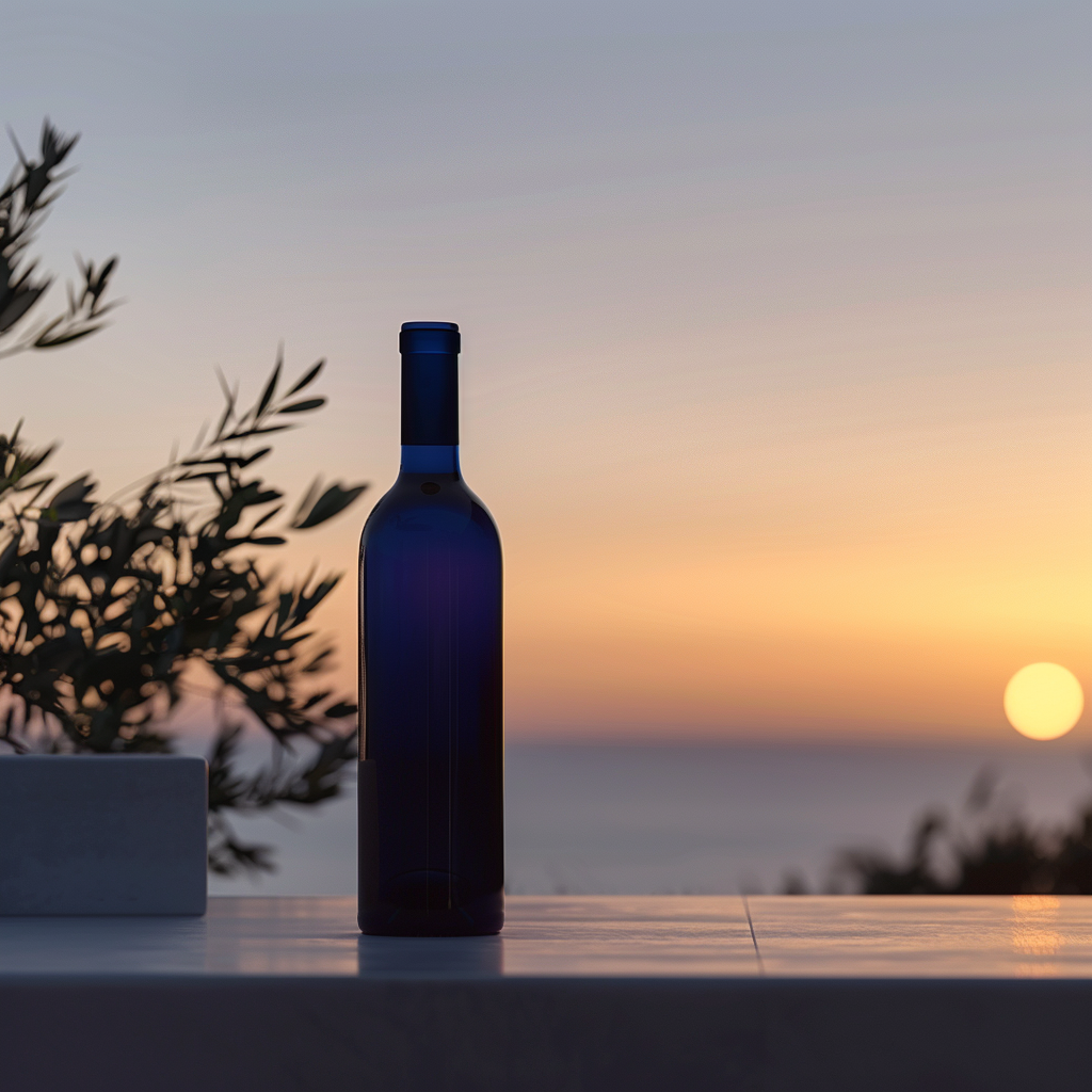 Wine bottle in calm Ibiza sunset