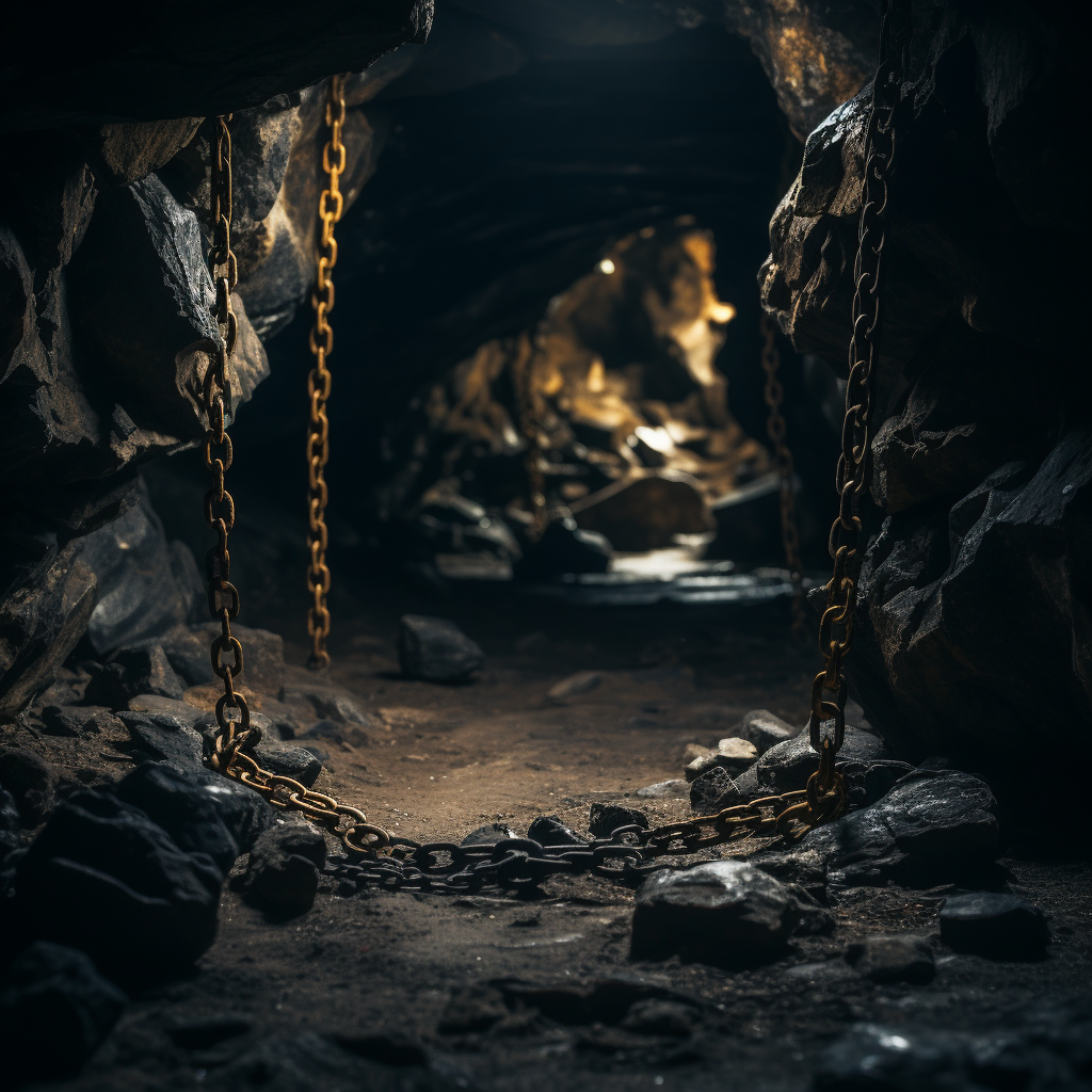 Close-up of chains on cave floor