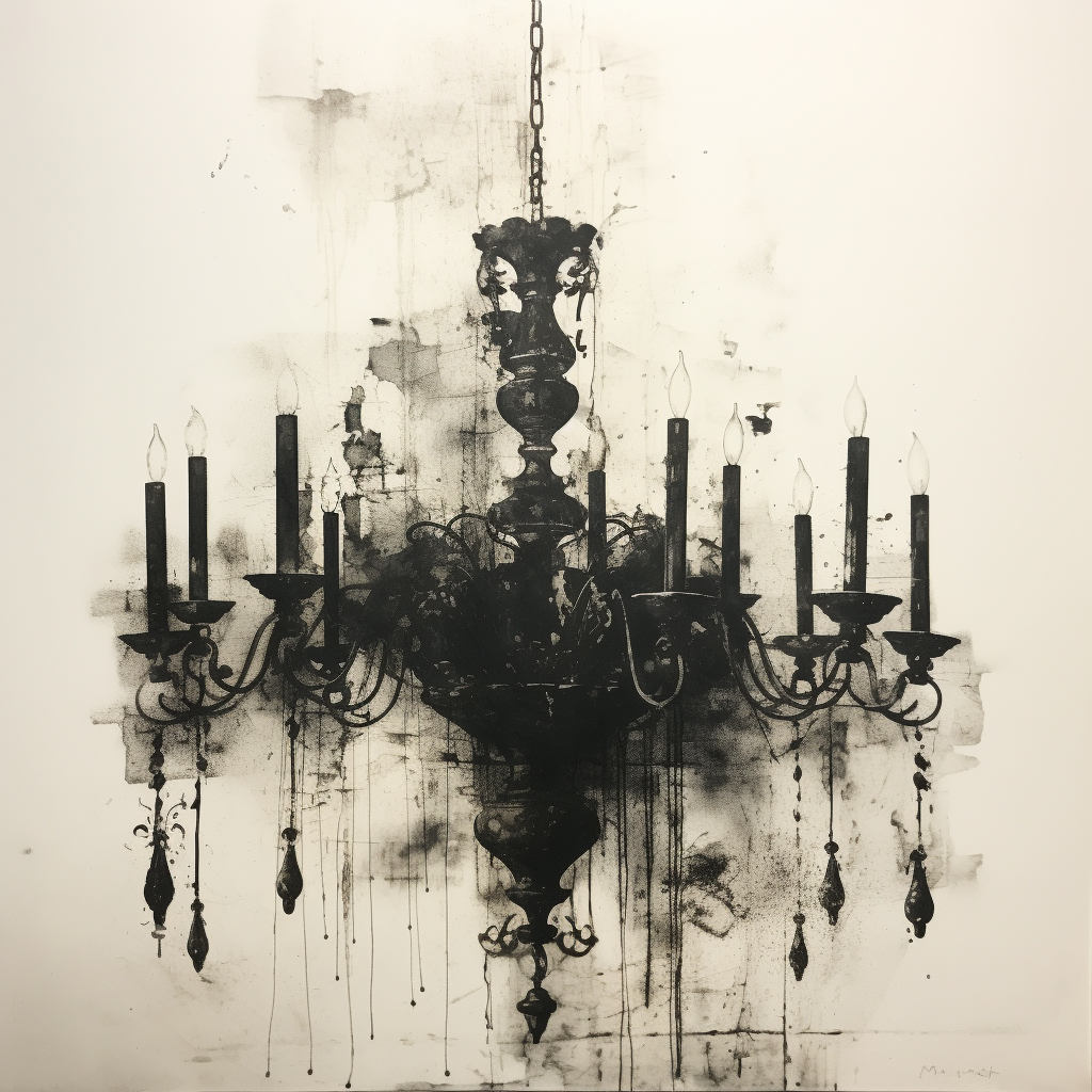 Dark chandelier etching on white background