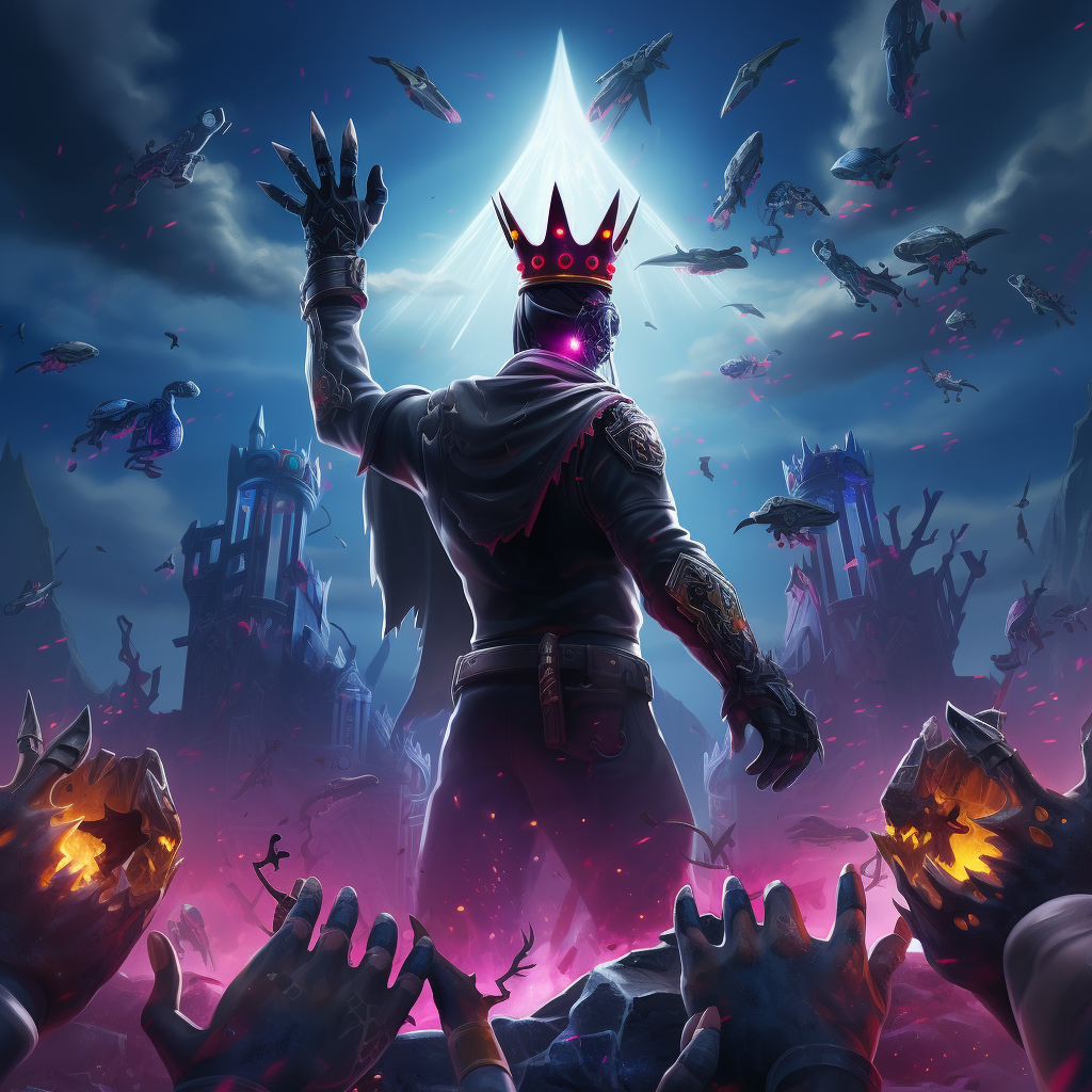 Unknown dark character reaching for bright crown in Fortnite