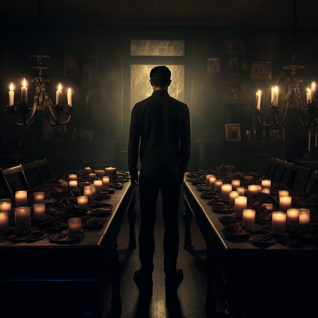 Man Standing Before Lit Dark Dinner Table