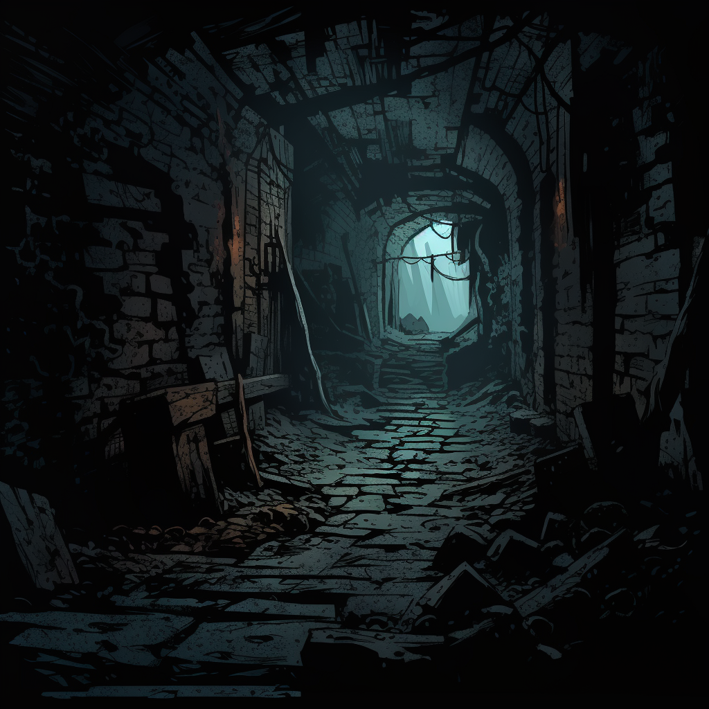 Cramped dark dungeon corridor by Mike Mignola