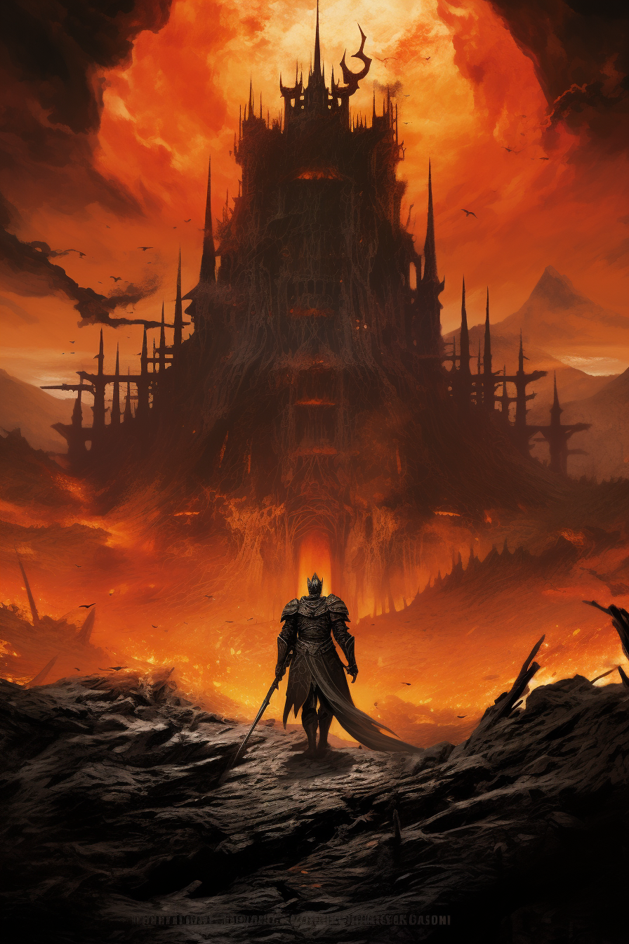 Dark elf knight in burning castle