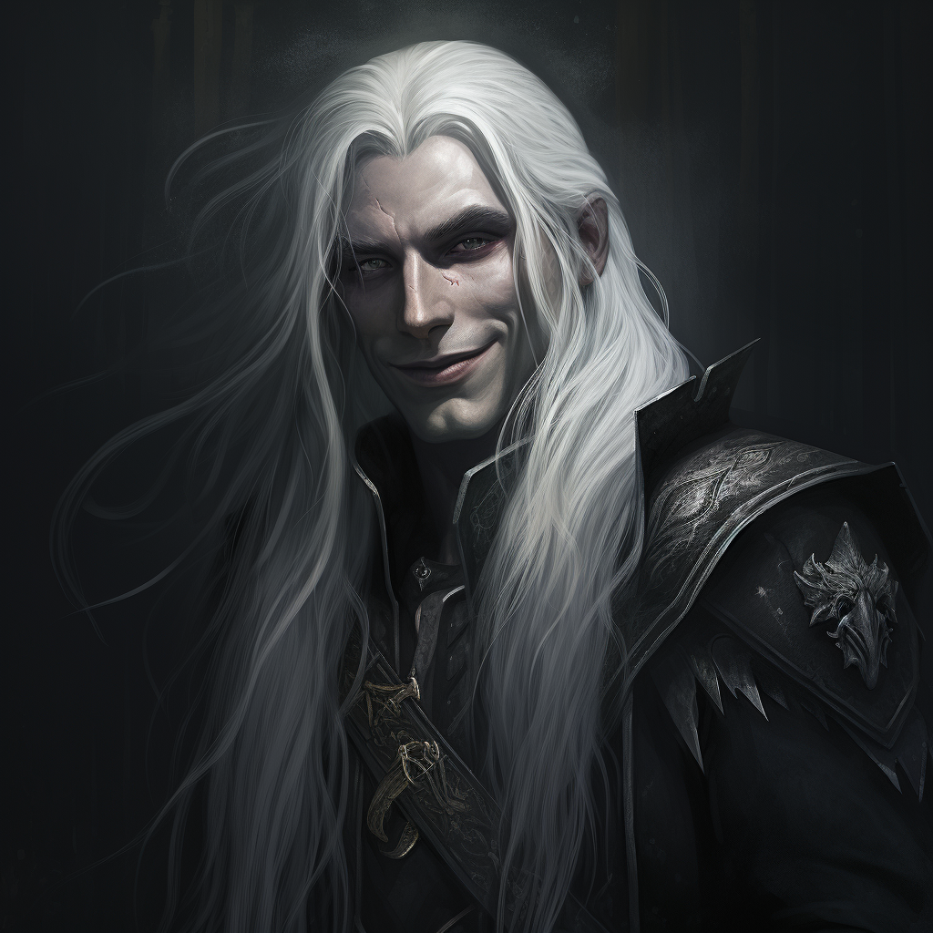 Smiling dark elf man with long white hair