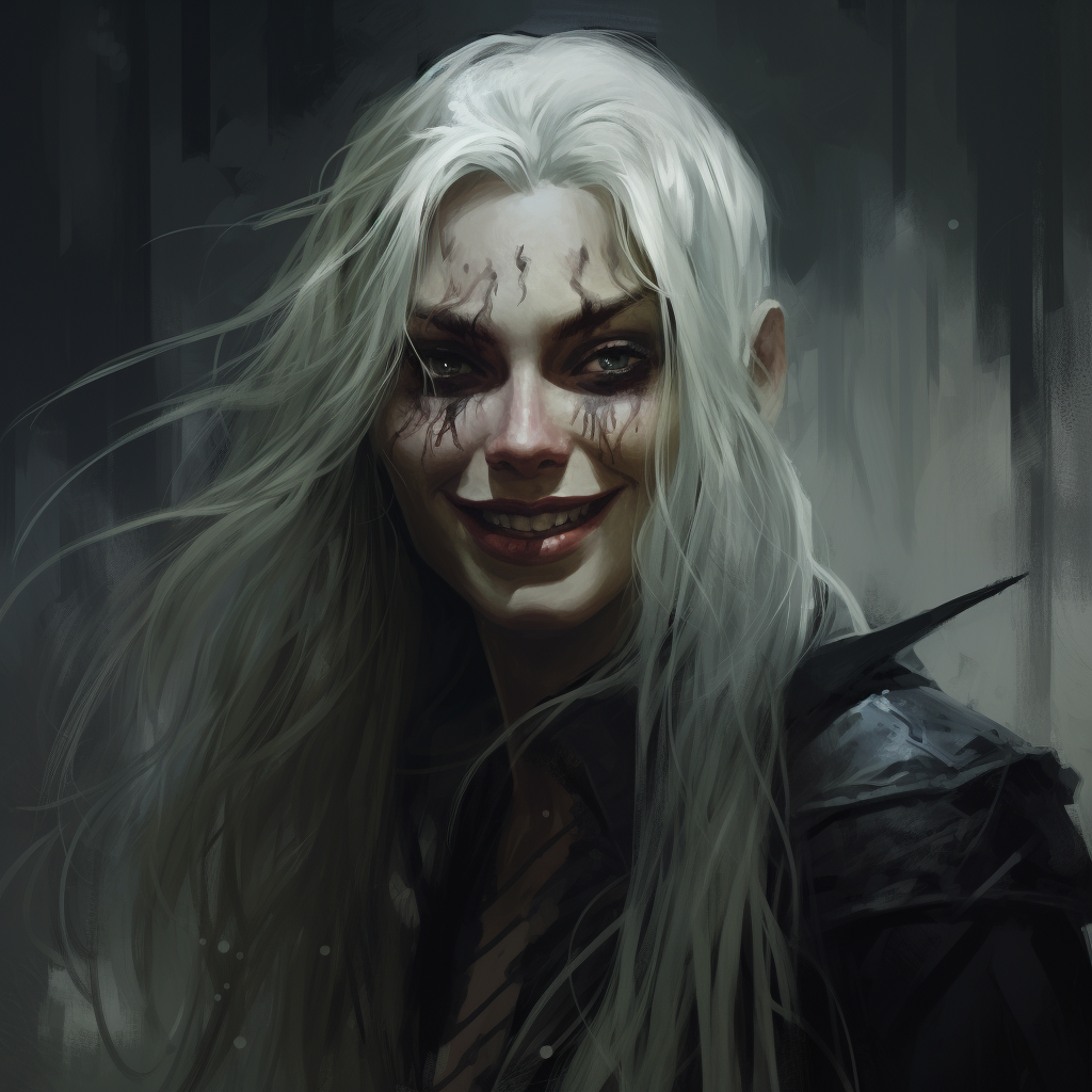 Dark elf with long white hair smiling