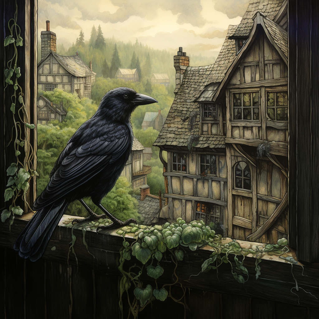 Dark Fantasy Crow at Cottage Window