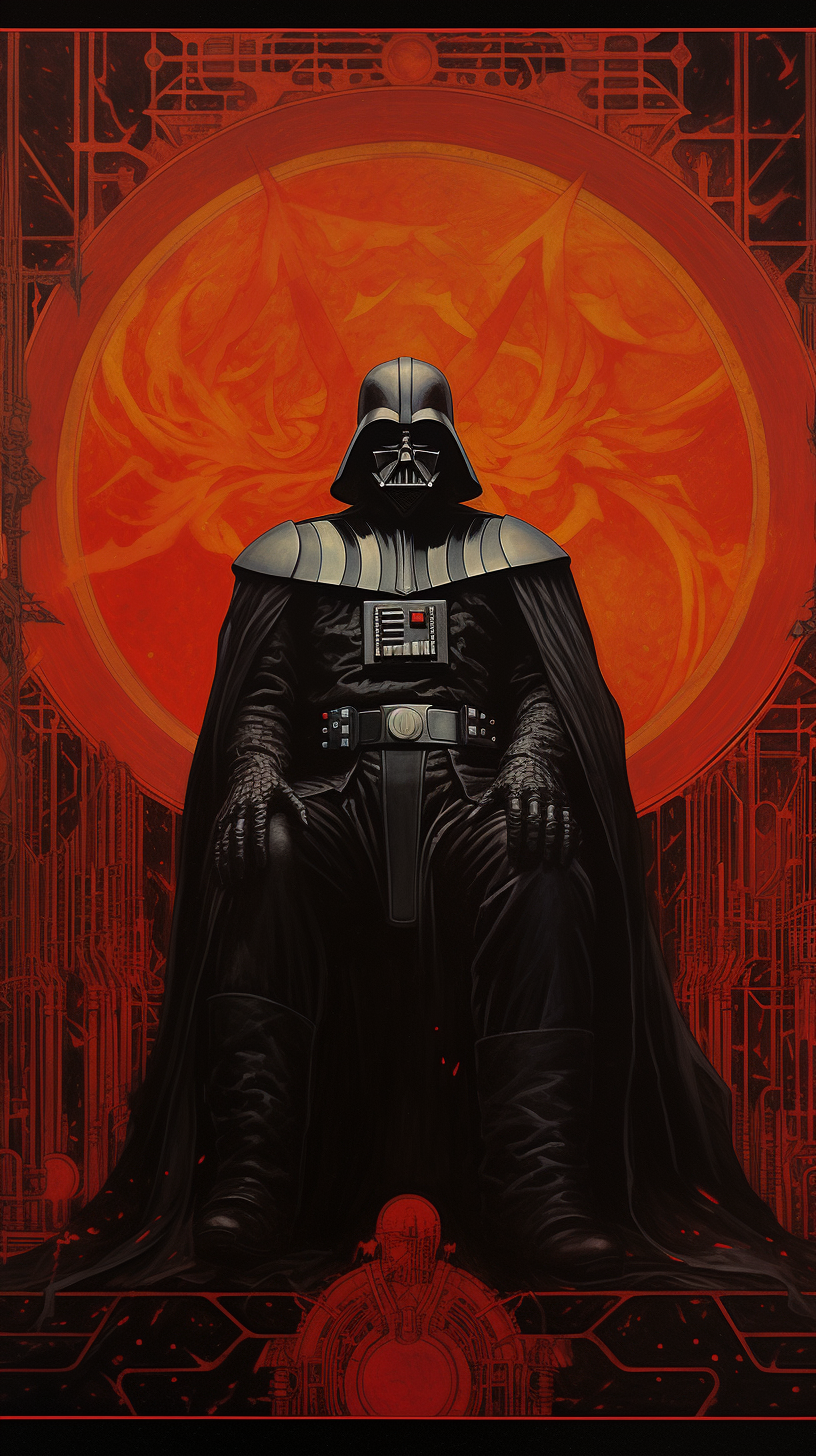 Paper art drawing of dark fantasy book cover with Darth Vader