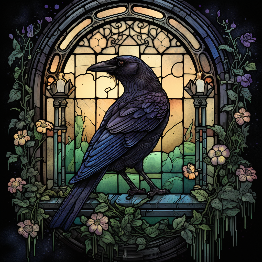 Gothic Crow Perched in Medieval Window