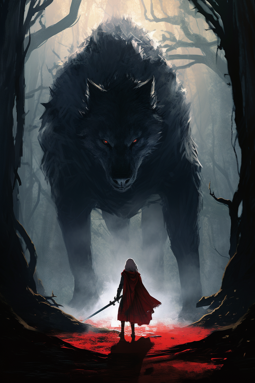 Giant black wolf and warrior woman in dark fantasy forest