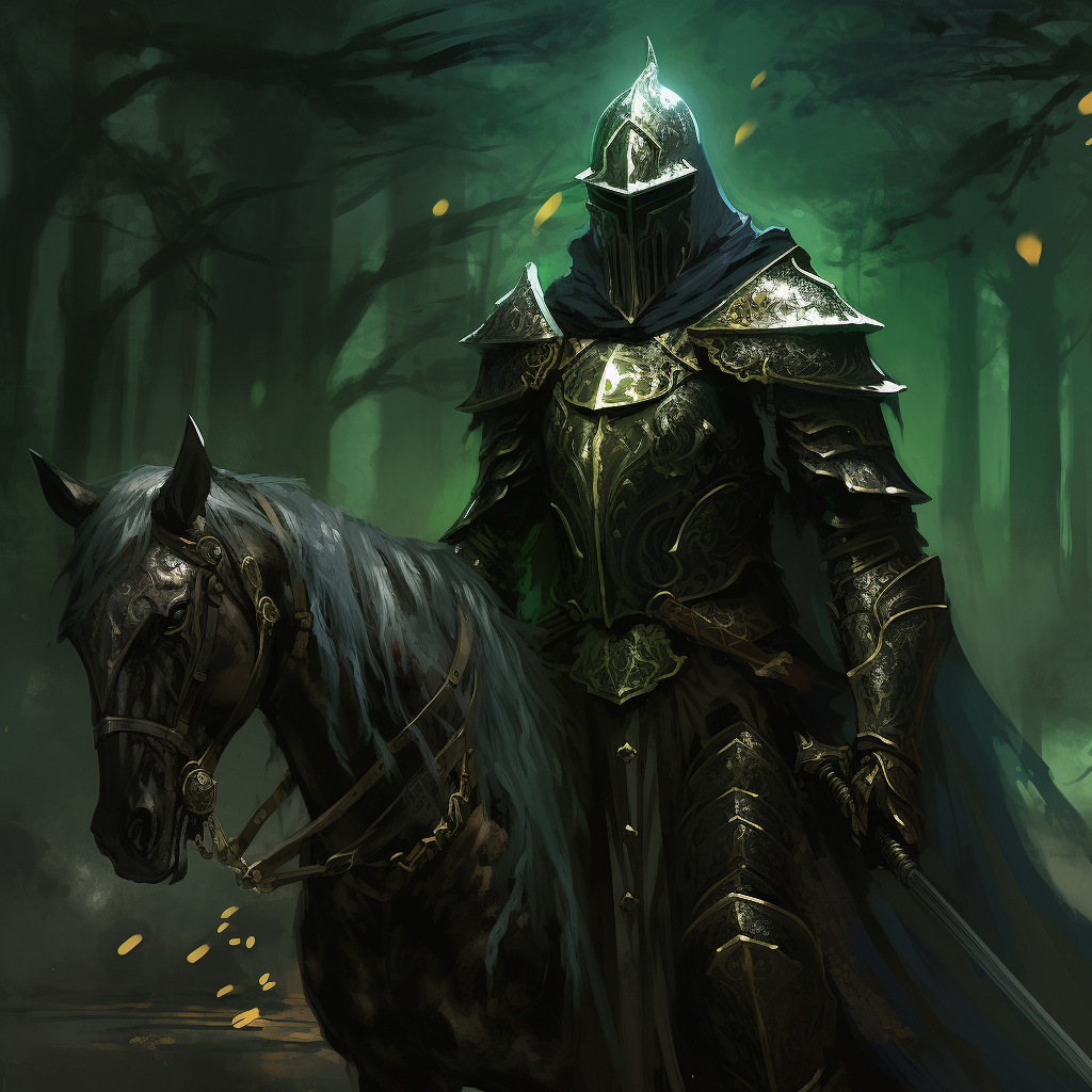 Mysterious green knight in dark fantasy world