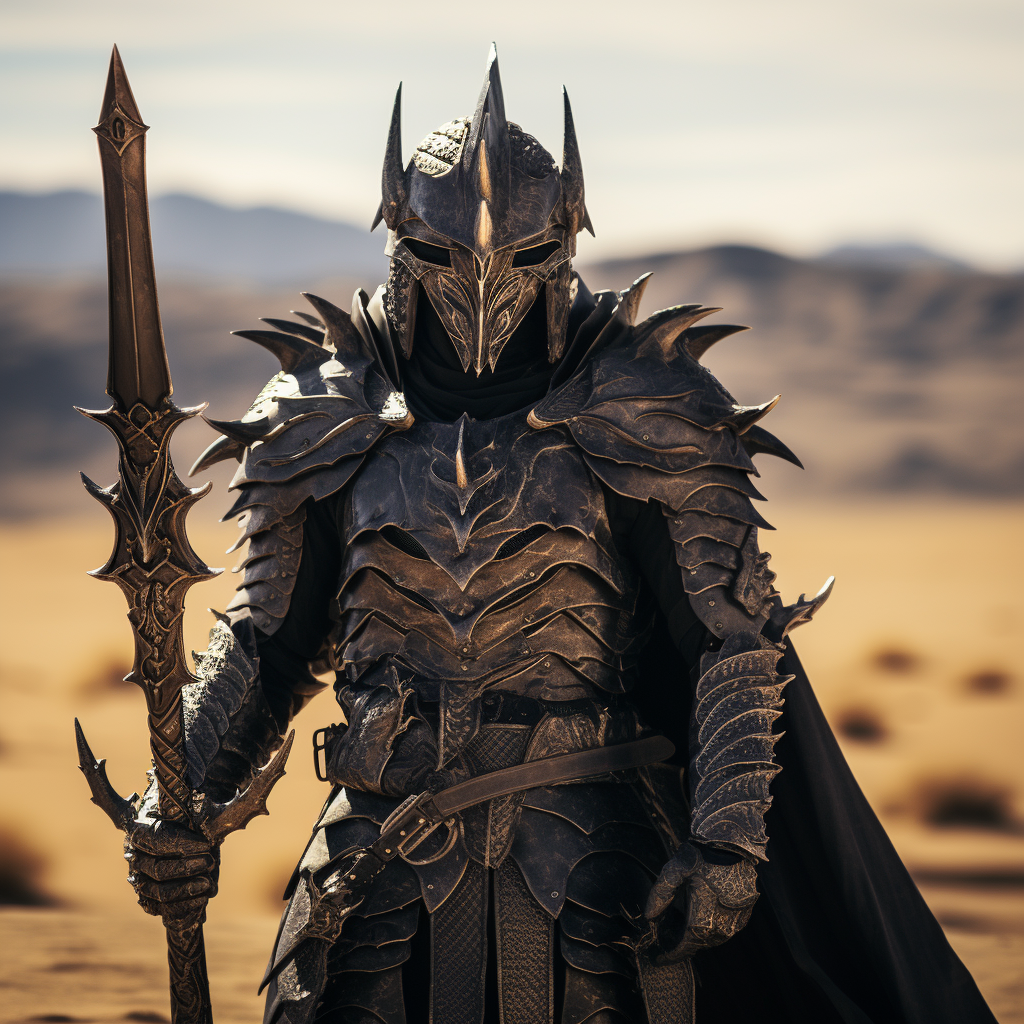 Dark fantasy knight in desert with flametongue samurai armor