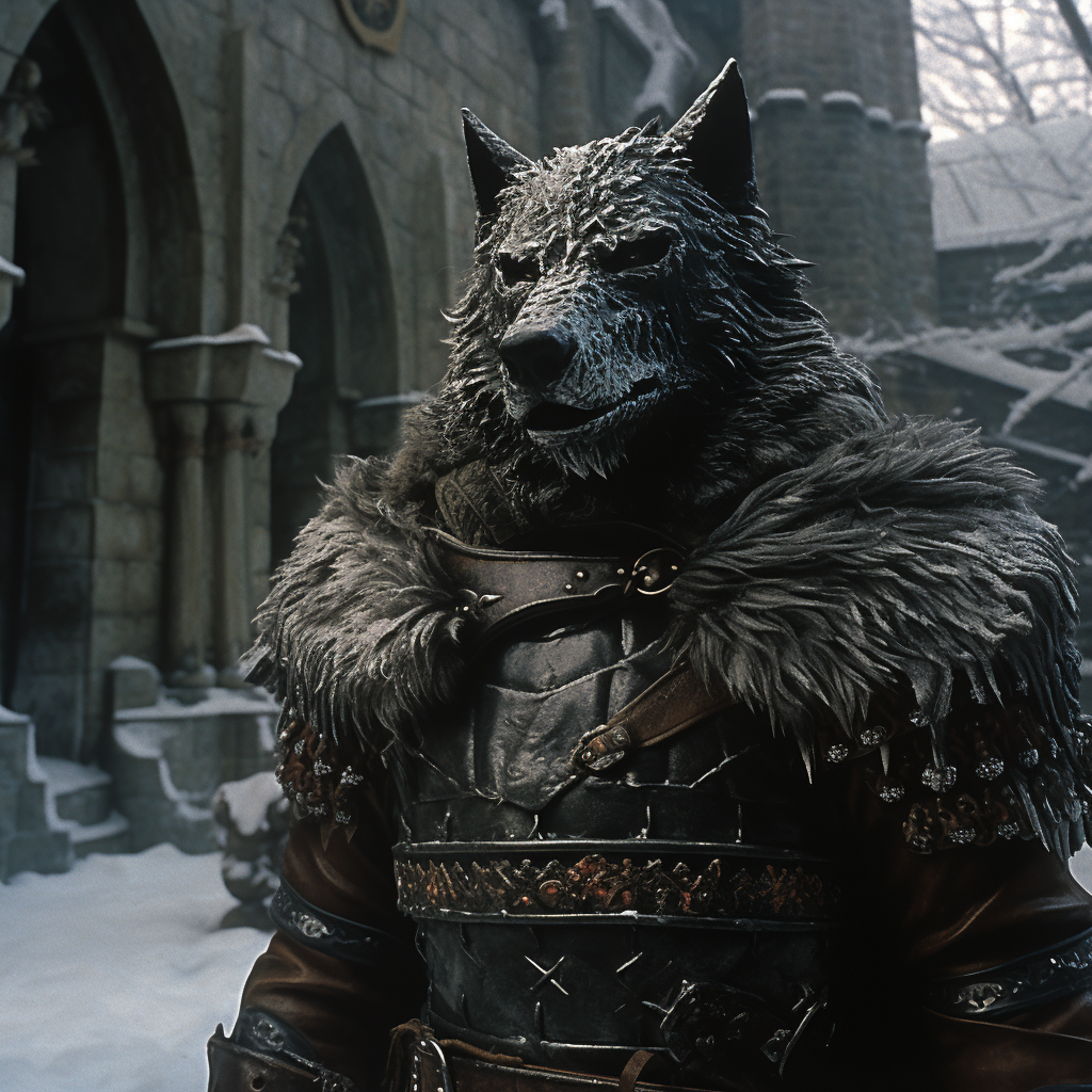 Wolf knight in snowy castle courtyard