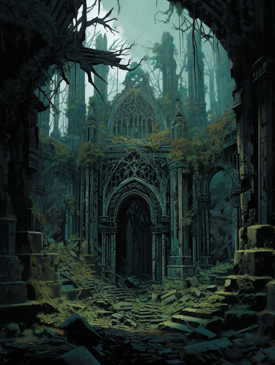 Abandoned temple in overgrown jungle