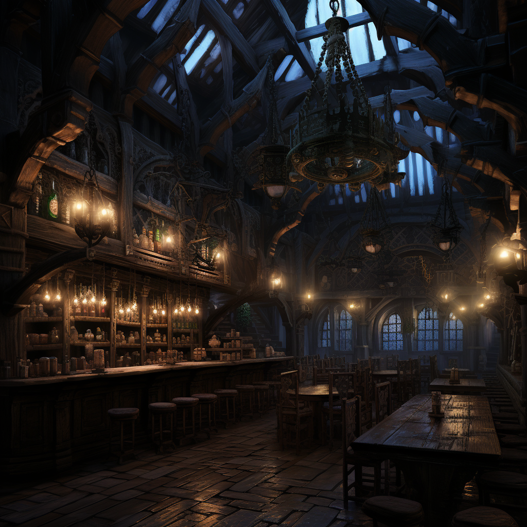 Enchanting dark fantasy tavern interior