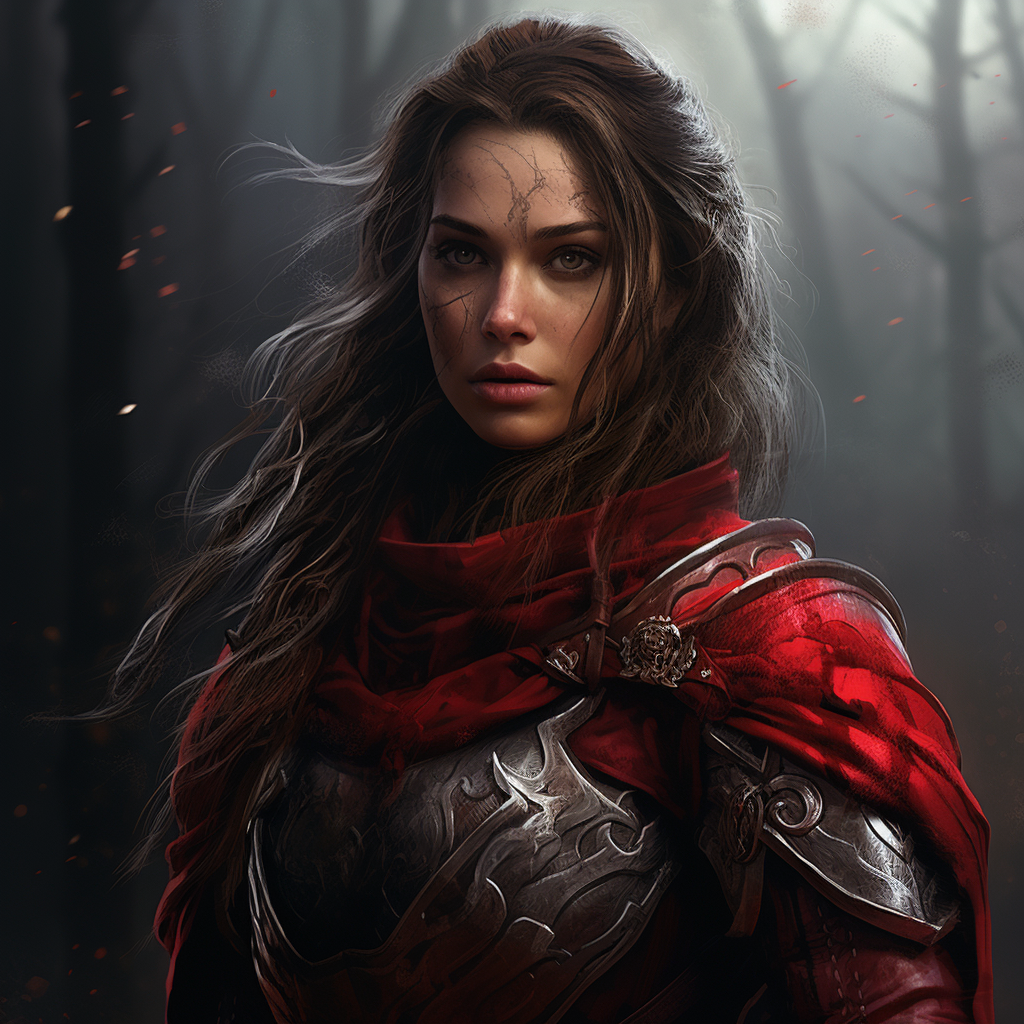 A powerful woman in a red knight's armor