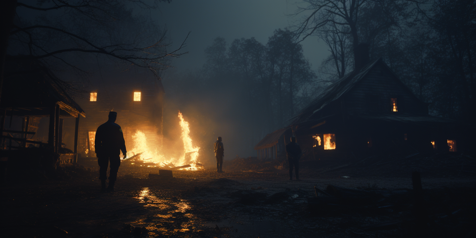 Dark Forest Fire Burning with Policemen