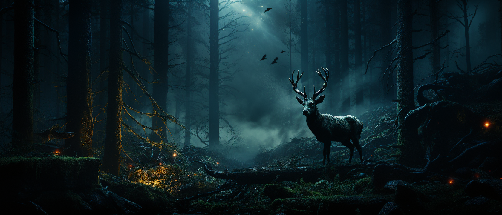 Majestic deer in spooky dark forest