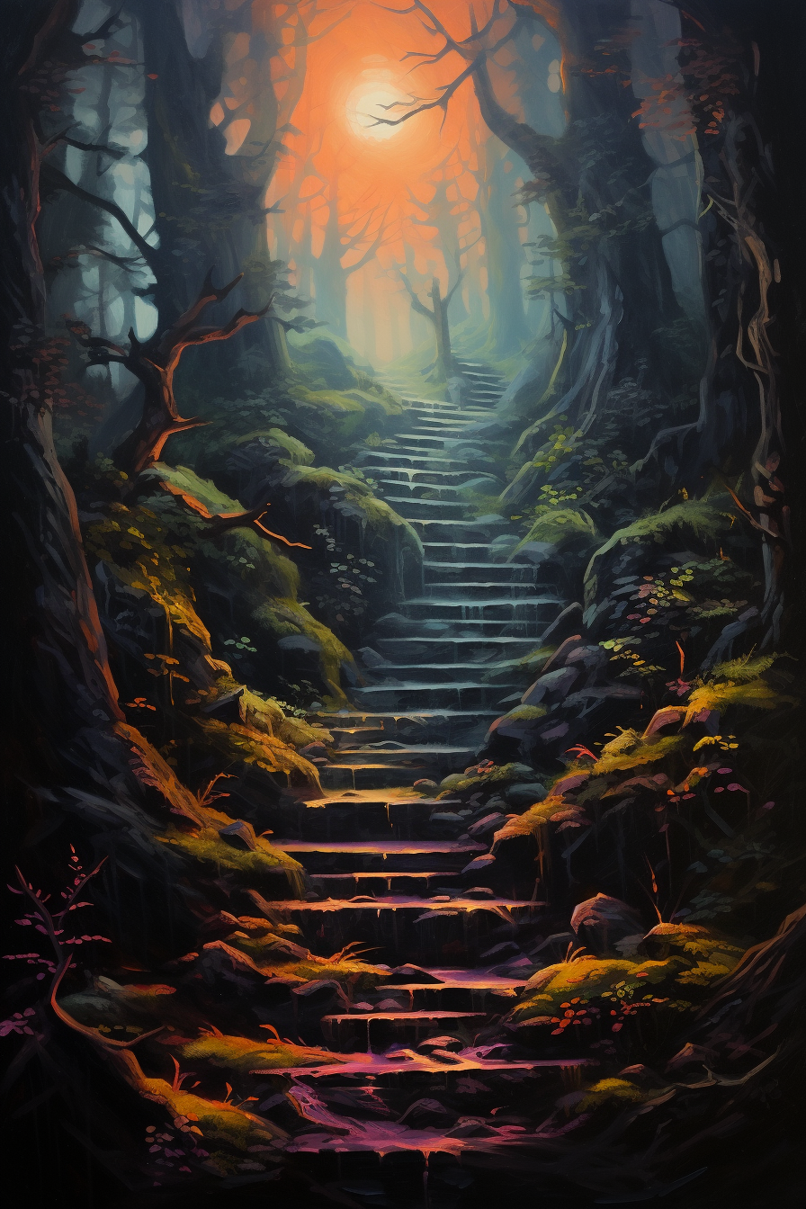 Moss-covered stairs in a dark forest