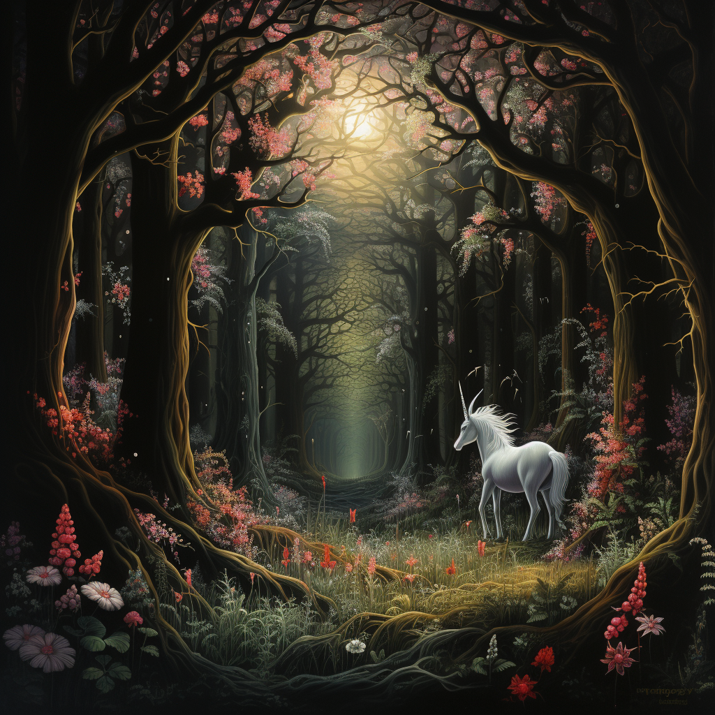 Majestic unicorn in dark forest