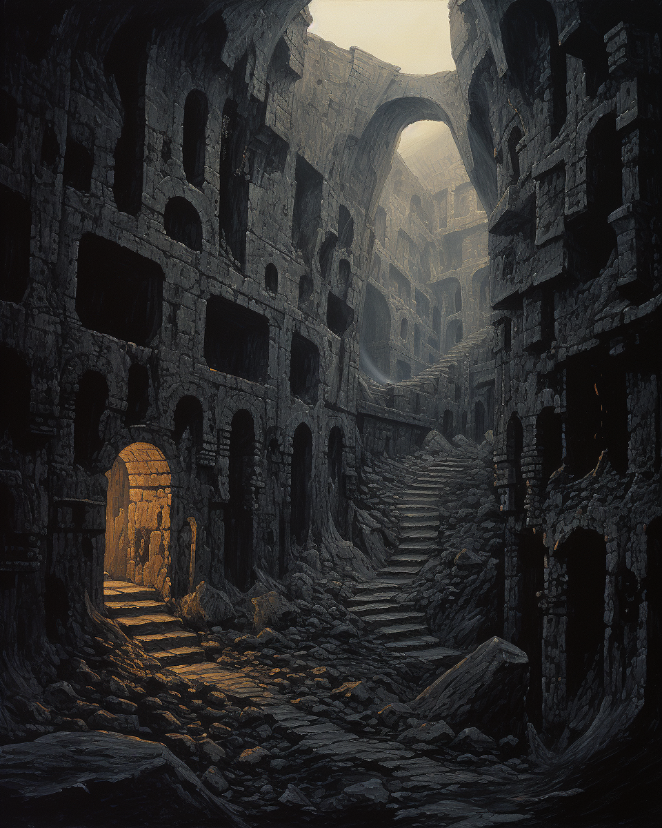 Illustration of haunting dark catacombs