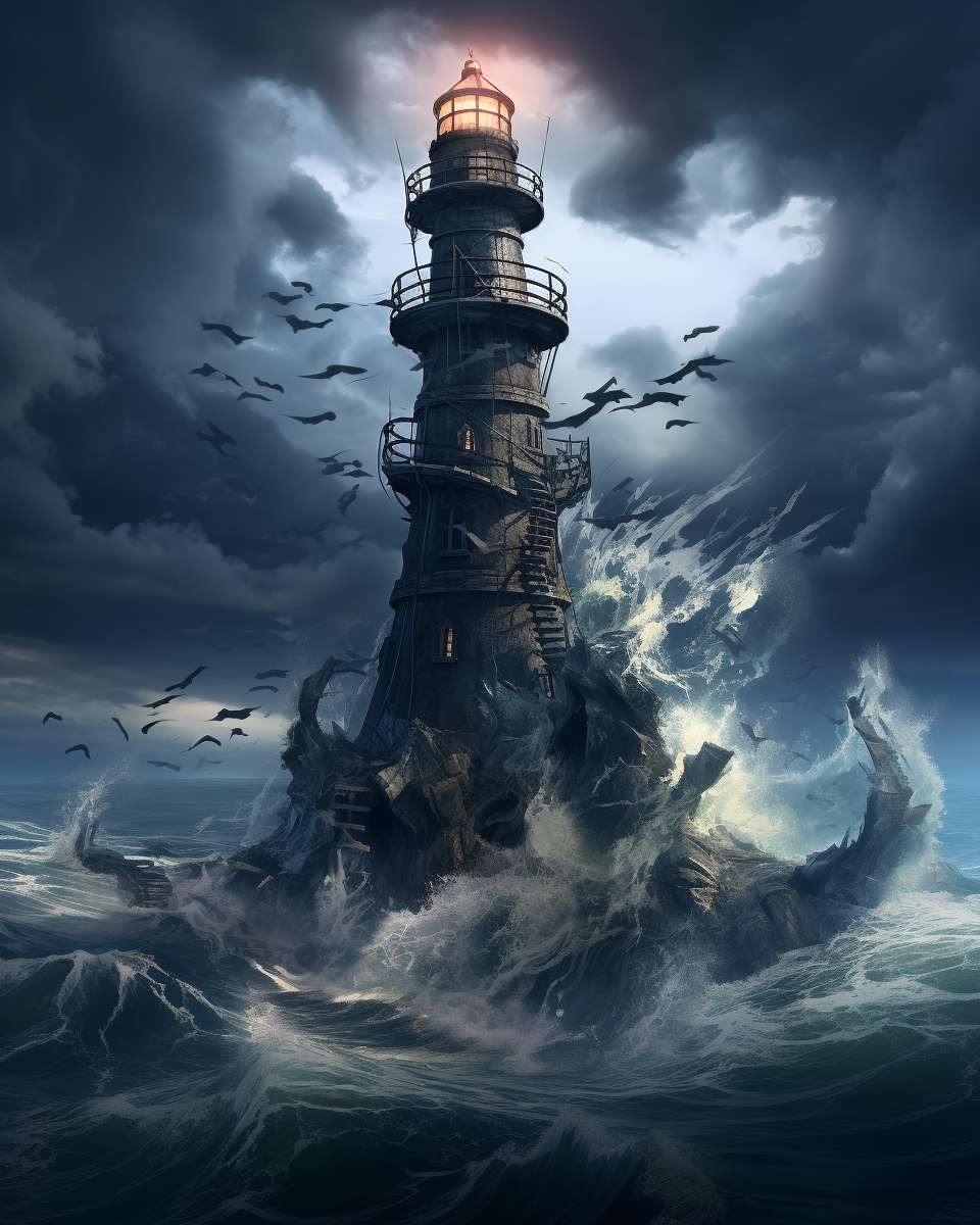 Broken lighthouse in dark futuristic setting