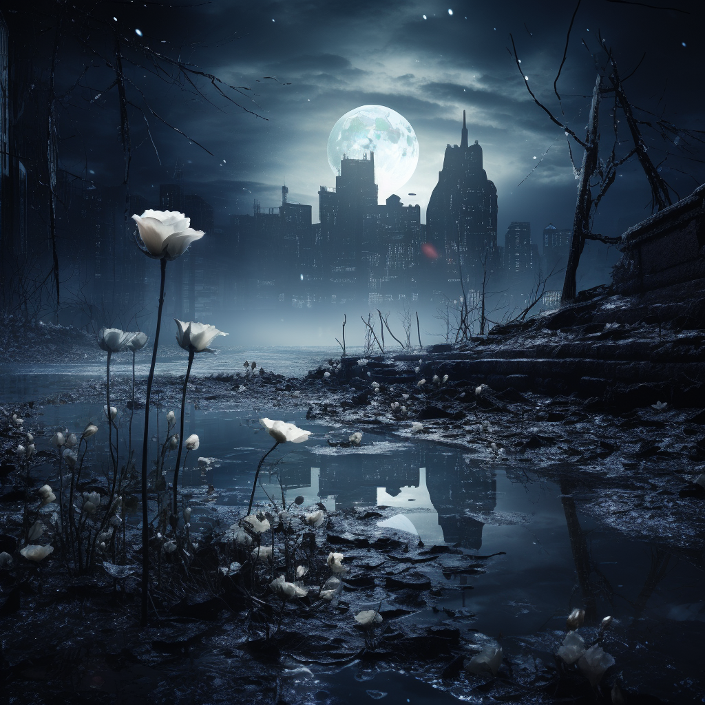 Dark landscape with black rose under a futuristic night sky