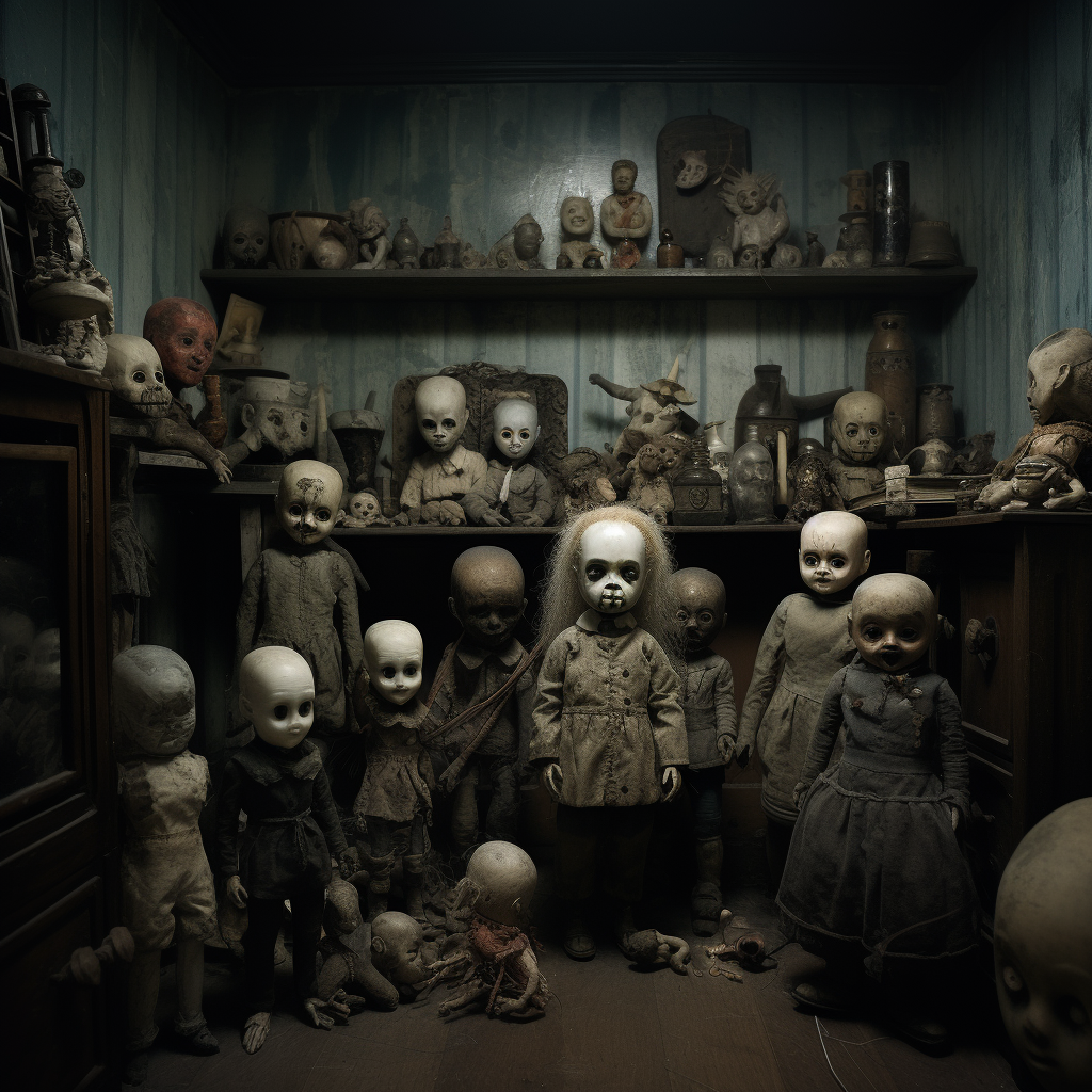 Evil-looking dolls on shelf in dark child's room