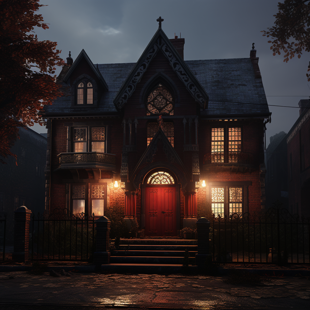 Creepy gothic house with red door