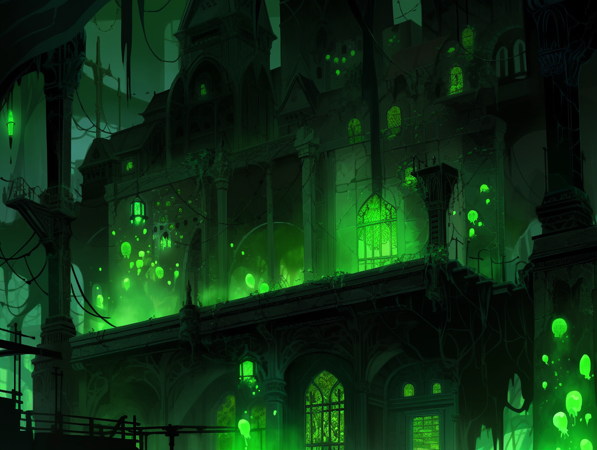 Dark Gothic City with Toxic Green Crystal