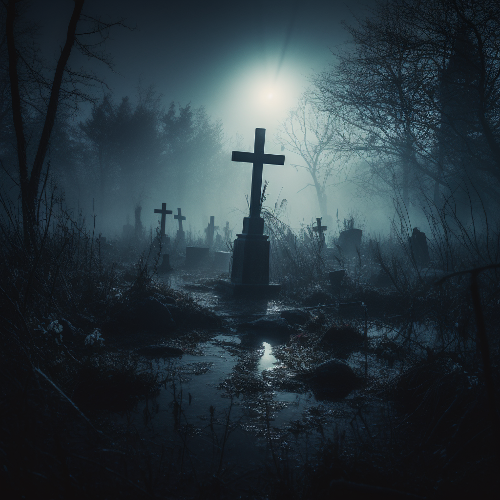 Dark graveyard with moonlight and cross tombstone