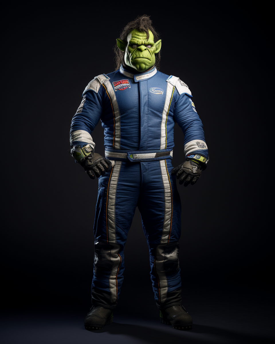 Dark green orc in race car driver uniform