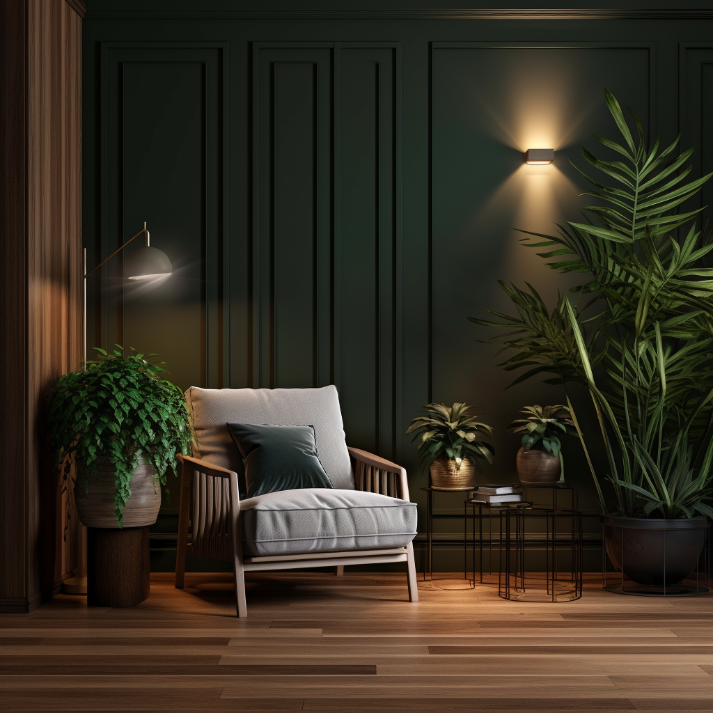 Dark green space with wooden slats and cozy lamp