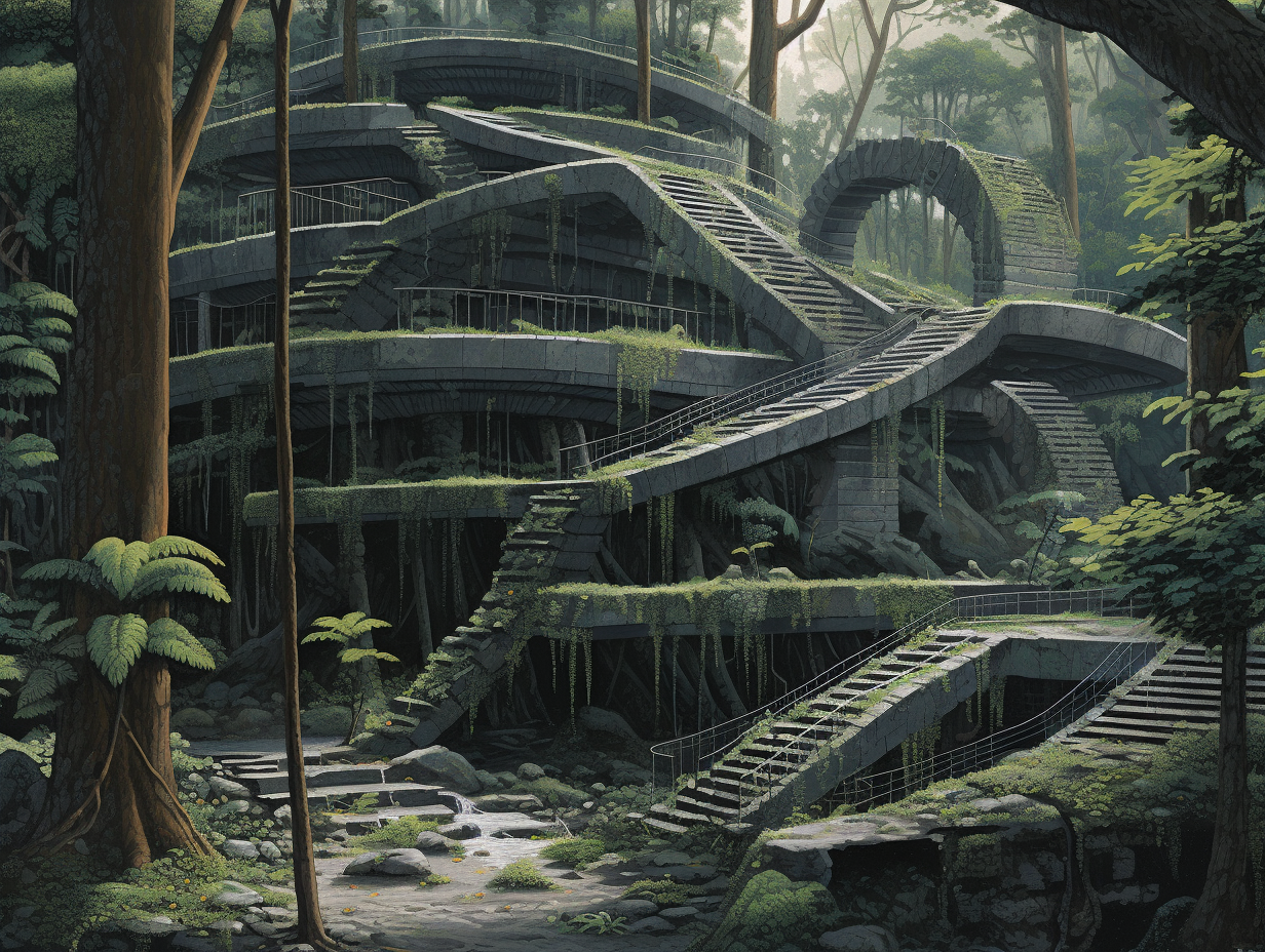 Grainy illustration of cement structure in tropical forest